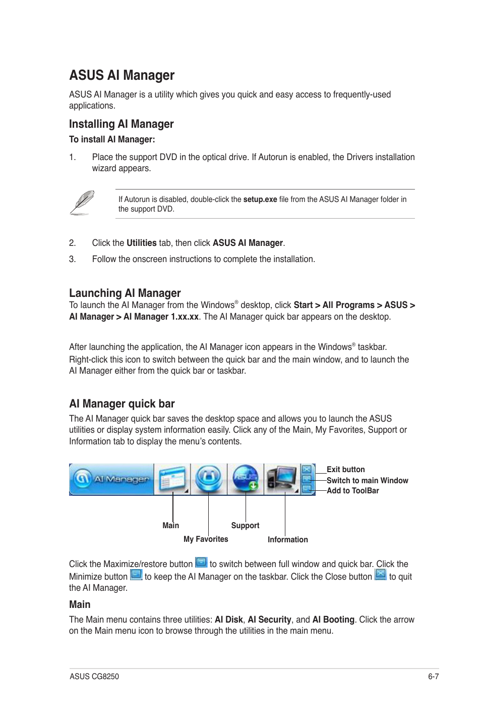 Asus ai manager, Asus ai manager -7, Installing ai manager | Launching ai manager, Ai manager quick bar | Asus CG8250 User Manual | Page 48 / 60