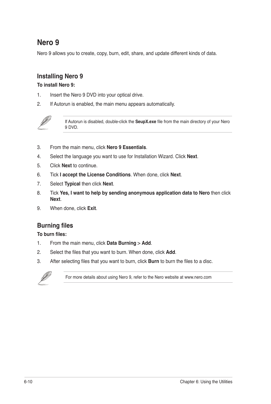 Nero 9, Nero 9 -10, Installing nero 9 | Burning files | Asus CG8250 User Manual | Page 51 / 60