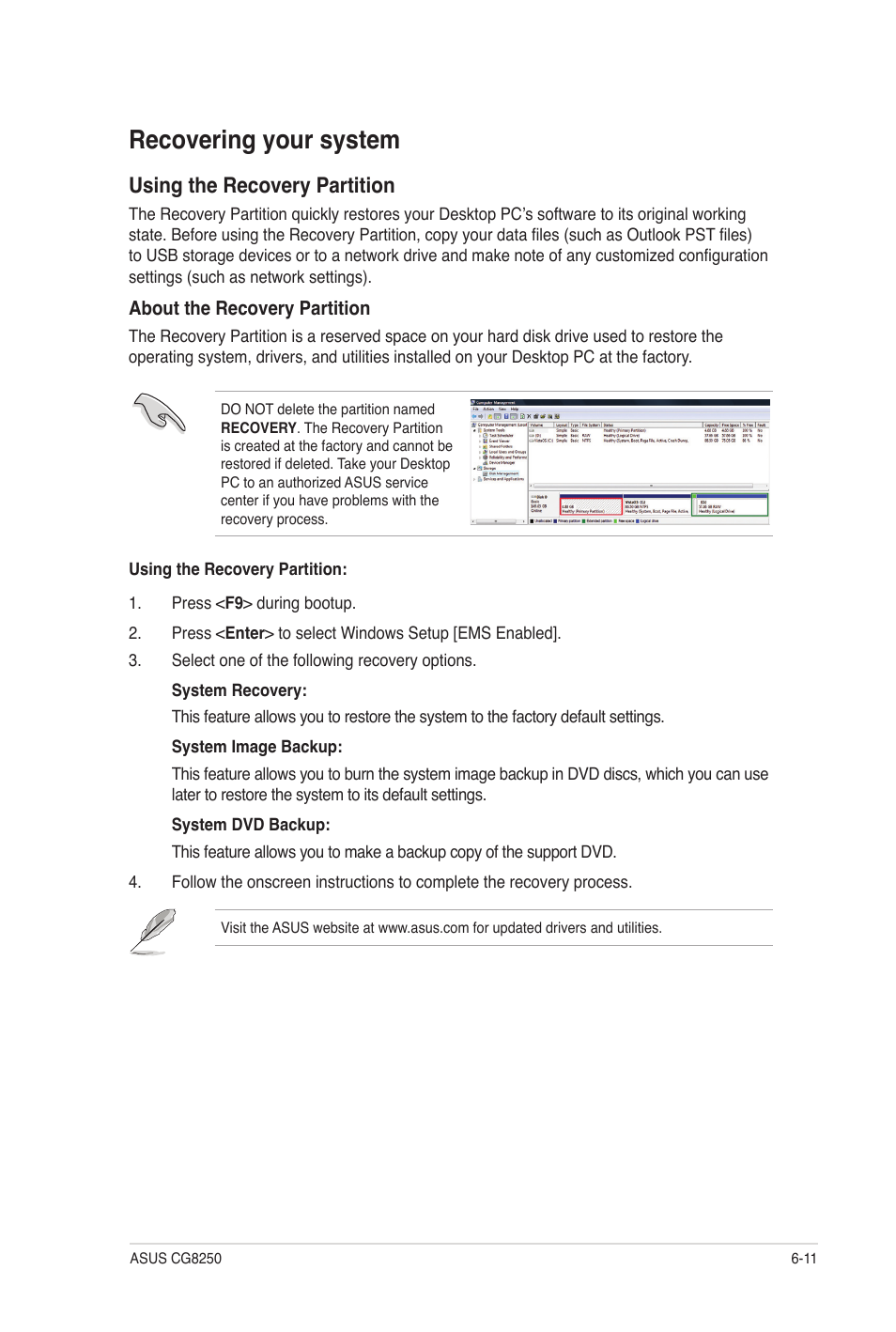 Recovering your system, Recovering your system -11, Using the recovery partition | Asus CG8250 User Manual | Page 52 / 60