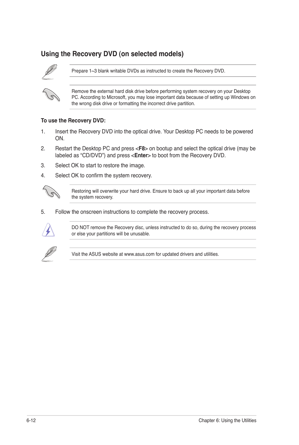 Using the recovery dvd (on selected models) | Asus CG8250 User Manual | Page 53 / 60