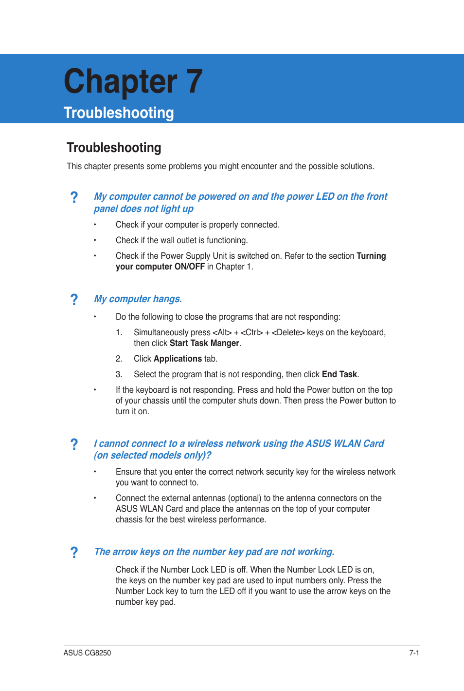 Chapter 7, Troubleshooting, Troubleshooting -1 | Asus CG8250 User Manual | Page 54 / 60