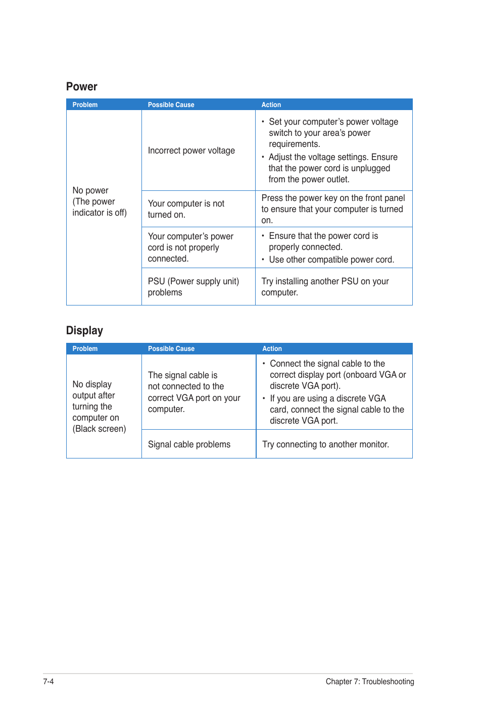 Power, Display | Asus CG8250 User Manual | Page 57 / 60