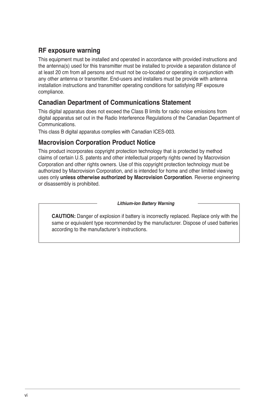 Rf exposure warning, Canadian department of communications statement, Macrovision corporation product notice | Asus CG8250 User Manual | Page 6 / 60