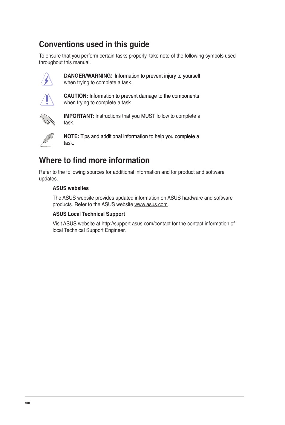 Conventions used in this guide, Where to find more information | Asus CG8250 User Manual | Page 8 / 60