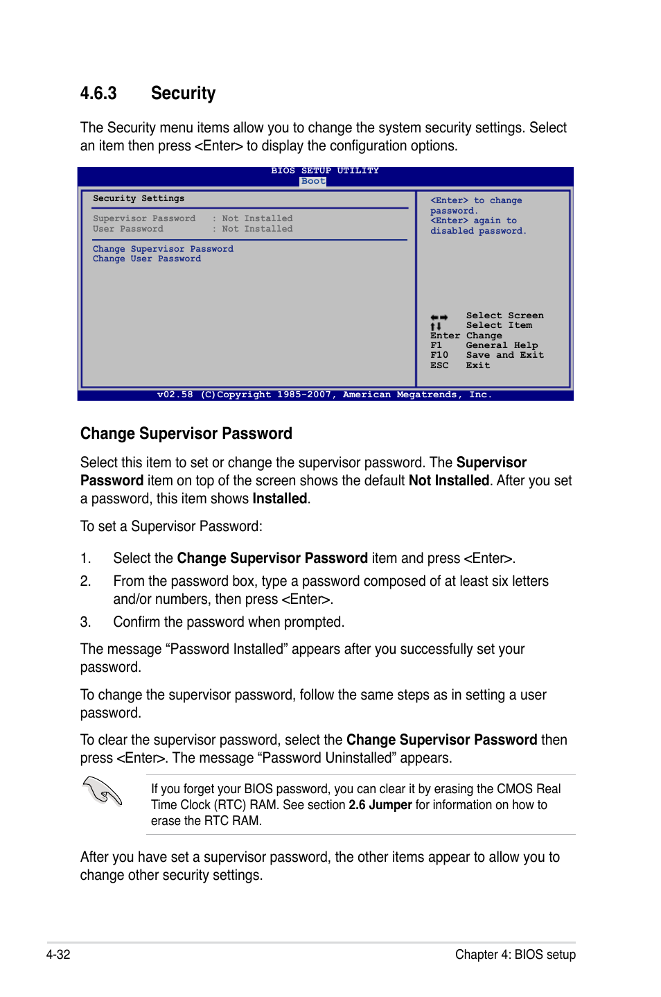 3 security, Change supervisor password | Asus P5K Deluxe/WiFi-AP User Manual | Page 100 / 172