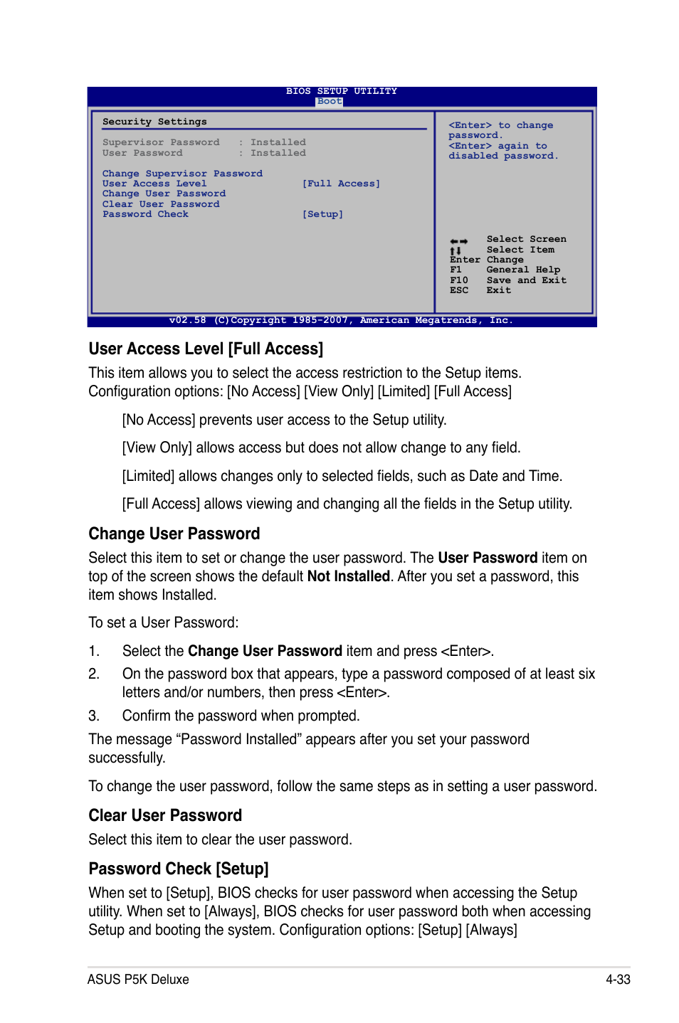 User access level [full access, Change user password, Clear user password | Password check [setup, Select this item to clear the user password | Asus P5K Deluxe/WiFi-AP User Manual | Page 101 / 172