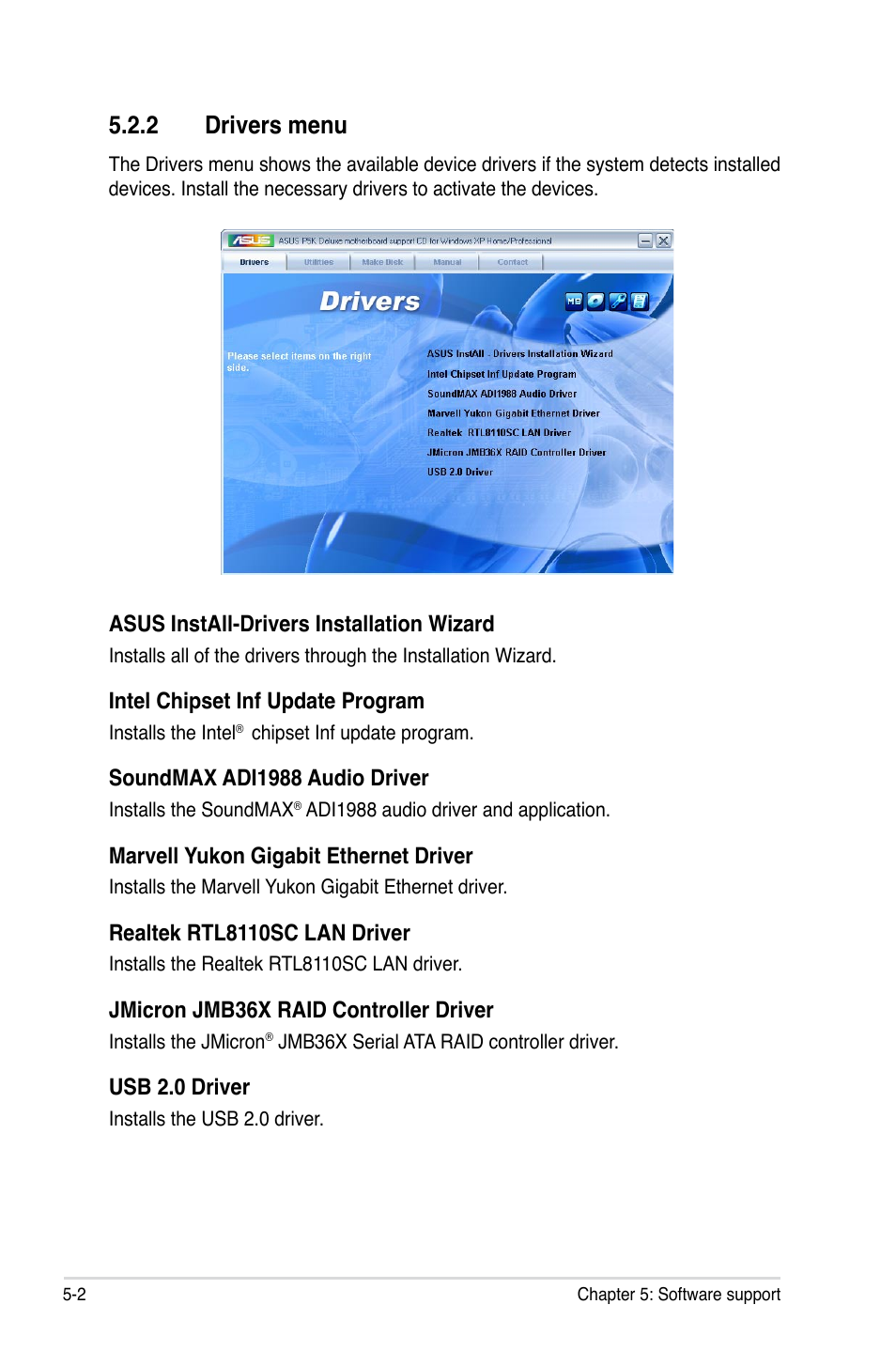 2 drivers menu | Asus P5K Deluxe/WiFi-AP User Manual | Page 110 / 172