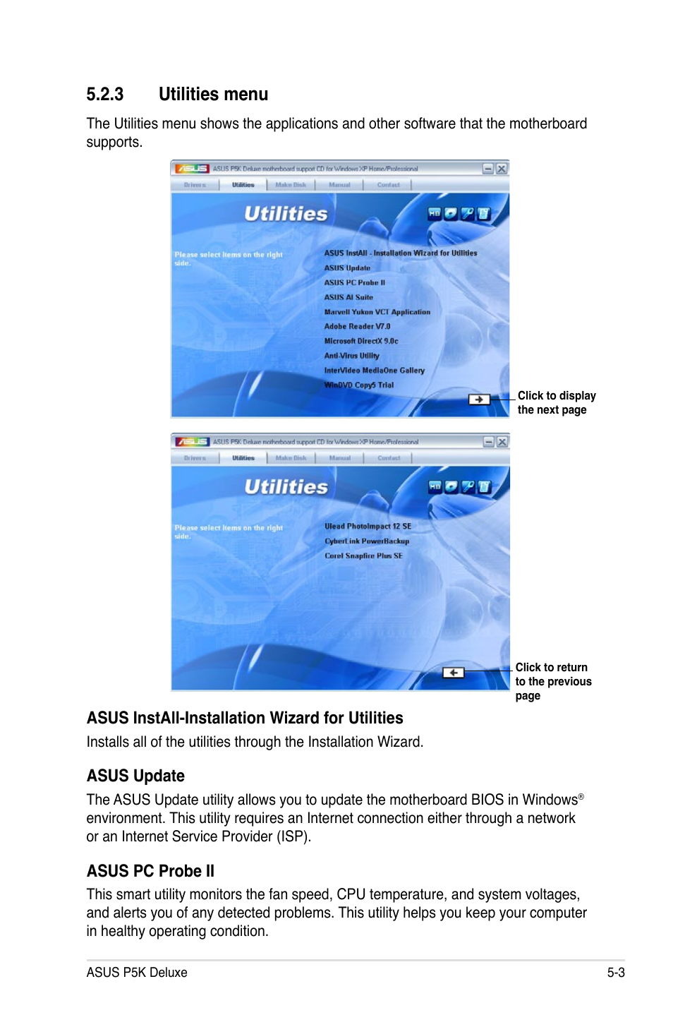 3 utilities menu, Asus install-installation wizard for utilities, Asus update | Asus pc probe ii | Asus P5K Deluxe/WiFi-AP User Manual | Page 111 / 172