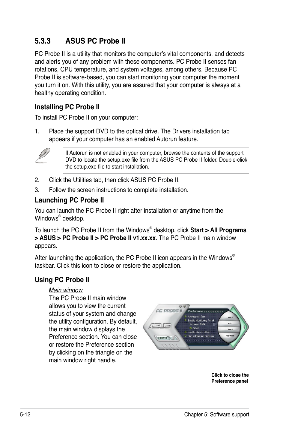 3 asus pc probe ii, Installing pc probe ii, Launching pc probe ii | Using pc probe ii | Asus P5K Deluxe/WiFi-AP User Manual | Page 120 / 172