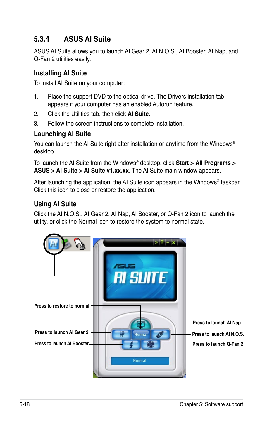 4 asus ai suite, Installing ai suite, Launching ai suite | Using ai suite | Asus P5K Deluxe/WiFi-AP User Manual | Page 126 / 172