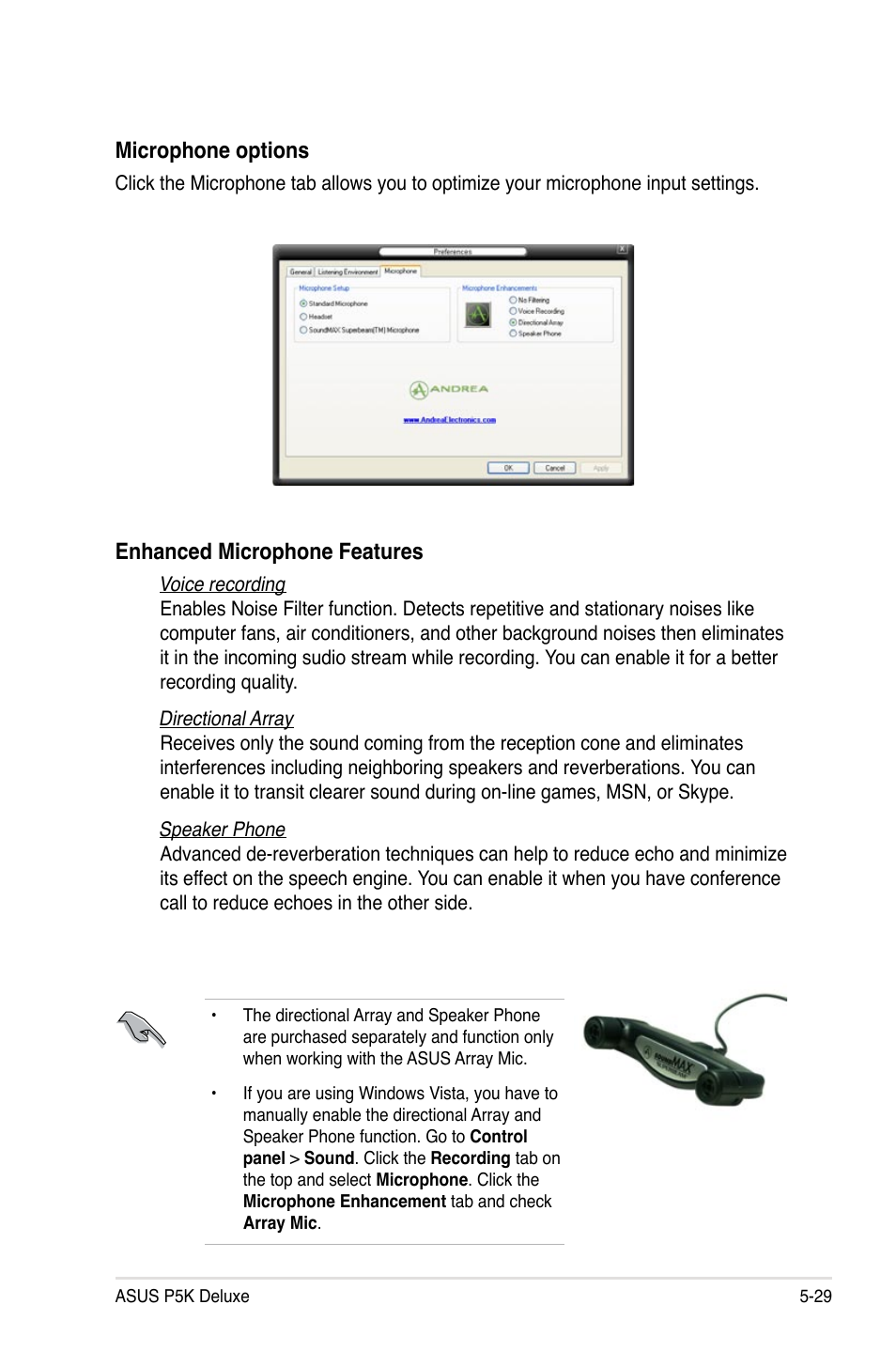 Microphone options, Enhanced microphone features | Asus P5K Deluxe/WiFi-AP User Manual | Page 137 / 172