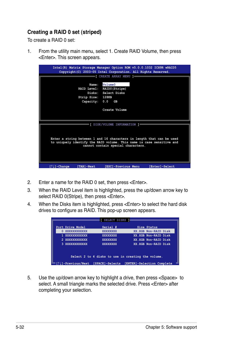 Creating a raid 0 set (striped) | Asus P5K Deluxe/WiFi-AP User Manual | Page 140 / 172