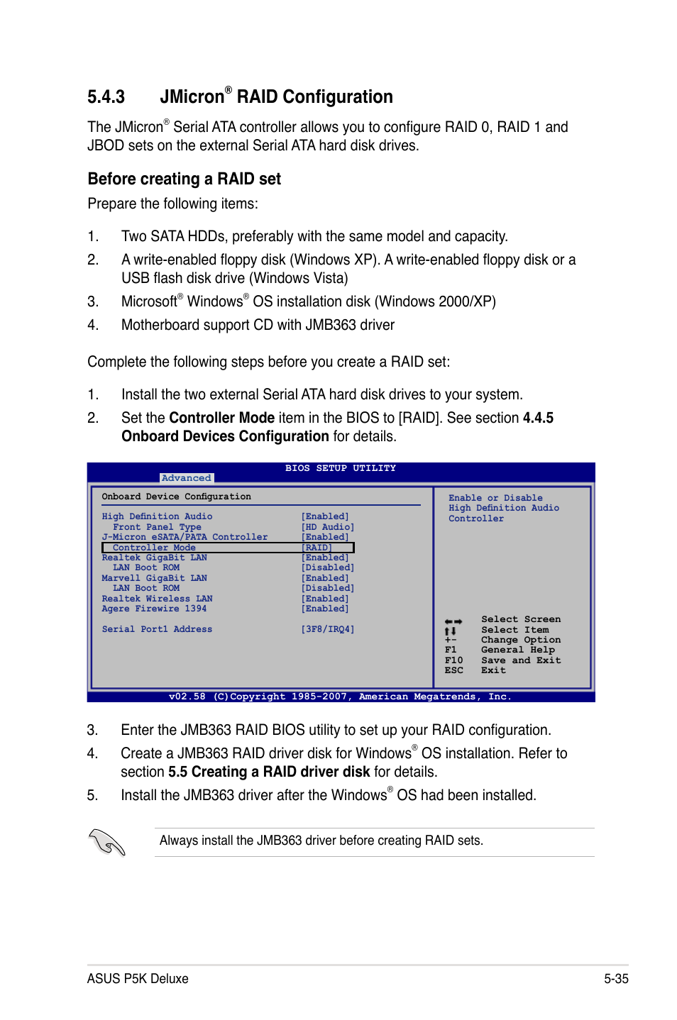 3 jmicron, Raid configuration, Before creating a raid set | The jmicron, Windows, Os had been installed | Asus P5K Deluxe/WiFi-AP User Manual | Page 143 / 172