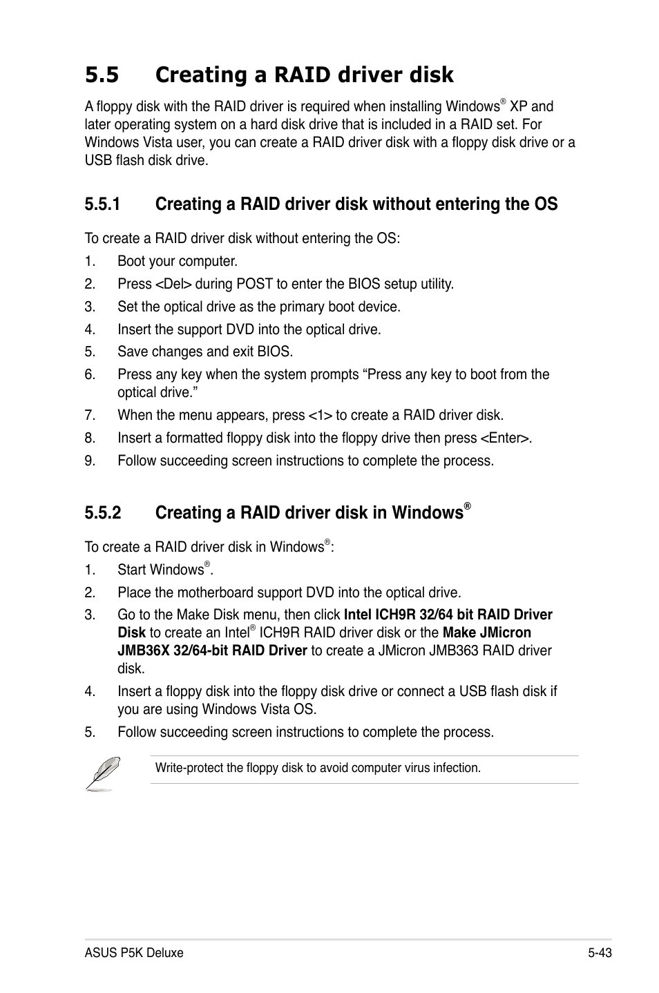 5 creating a raid driver disk, 2 creating a raid driver disk in windows | Asus P5K Deluxe/WiFi-AP User Manual | Page 151 / 172