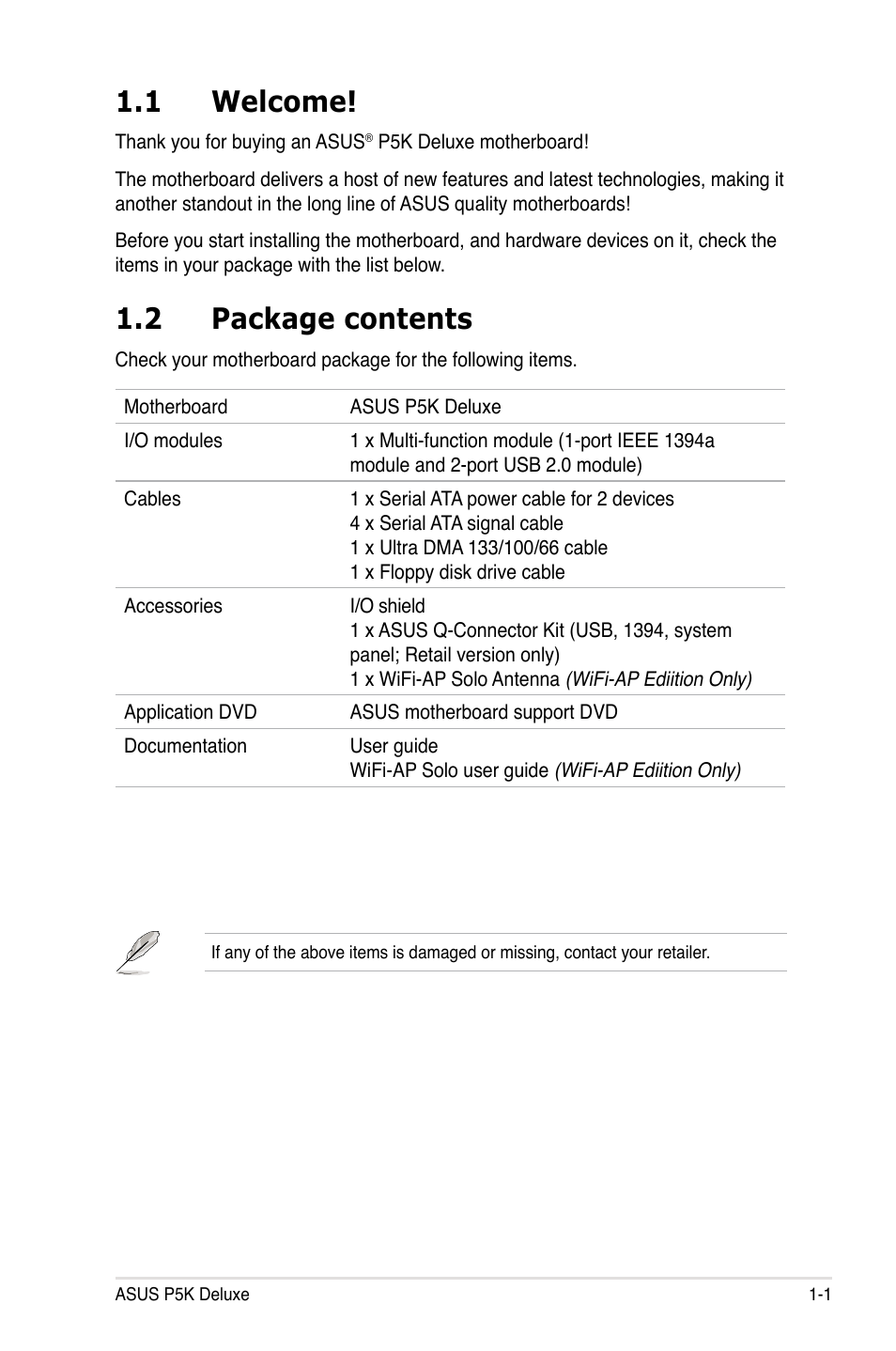 1 welcome, 2 package contents | Asus P5K Deluxe/WiFi-AP User Manual | Page 17 / 172