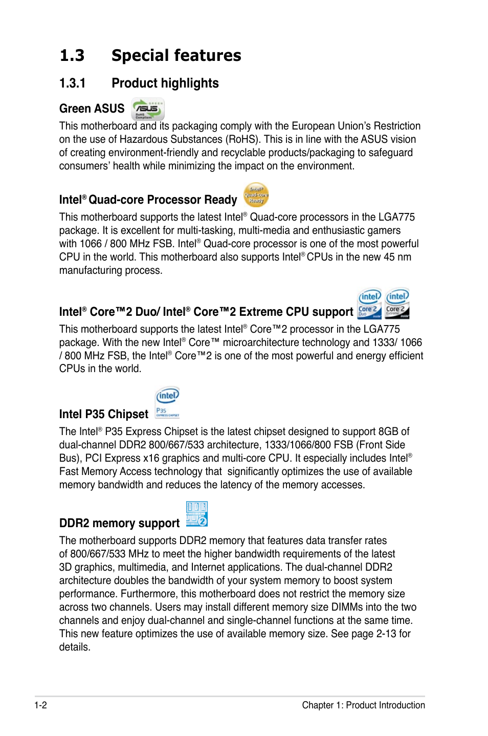 3 special features, 1 product highlights, Green asus | Intel, Quad-core processor ready, Core™2 duo/ intel, Core™2 extreme cpu support, Intel p35 chipset | Asus P5K Deluxe/WiFi-AP User Manual | Page 18 / 172