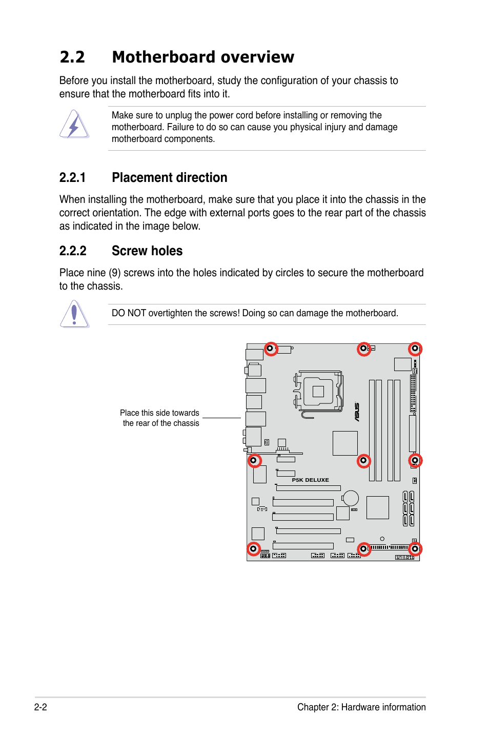 2 motherboard overview, 1 placement direction, 2 screw holes | Asus P5K Deluxe/WiFi-AP User Manual | Page 28 / 172