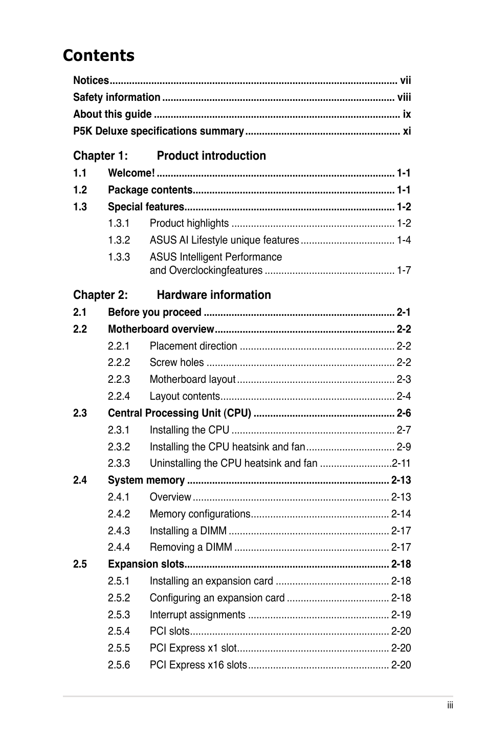 Asus P5K Deluxe/WiFi-AP User Manual | Page 3 / 172