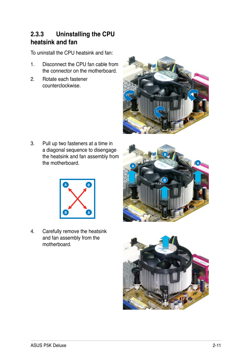 3 uninstalling the cpu heatsink and fan | Asus P5K Deluxe/WiFi-AP User Manual | Page 37 / 172