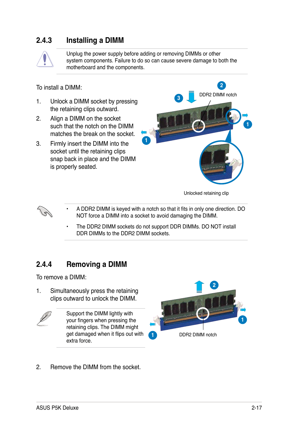 3 installing a dimm, 4 removing a dimm | Asus P5K Deluxe/WiFi-AP User Manual | Page 43 / 172