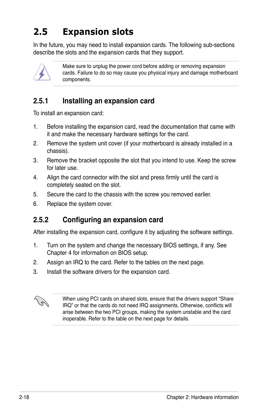 5 expansion slots, 1 installing an expansion card, 2 configuring an expansion card | Asus P5K Deluxe/WiFi-AP User Manual | Page 44 / 172