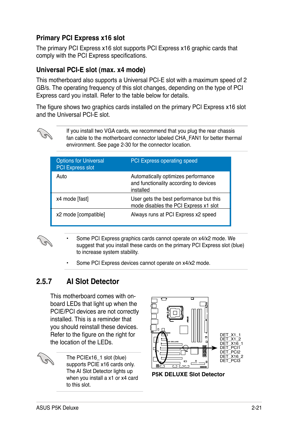 7 ai slot detector, Primary pci express x16 slot, Universal pci-e slot (max. x4 mode) | Asus P5K Deluxe/WiFi-AP User Manual | Page 47 / 172