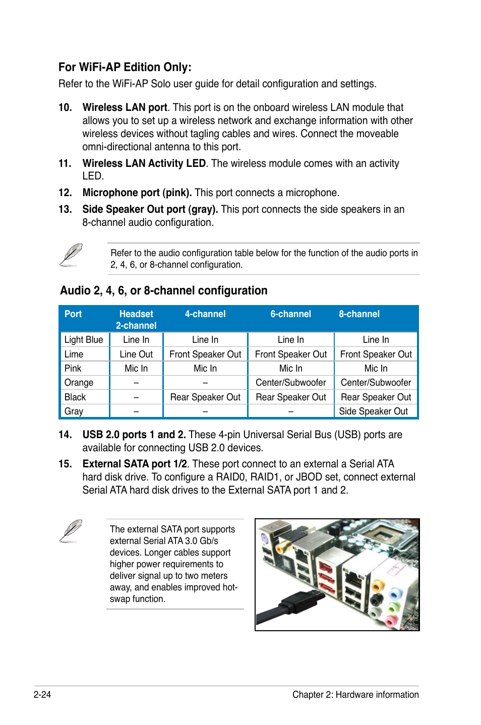 For wifi-ap edition only, Audio 2, 4, 6, or 8-channel configuration | Asus P5K Deluxe/WiFi-AP User Manual | Page 50 / 172