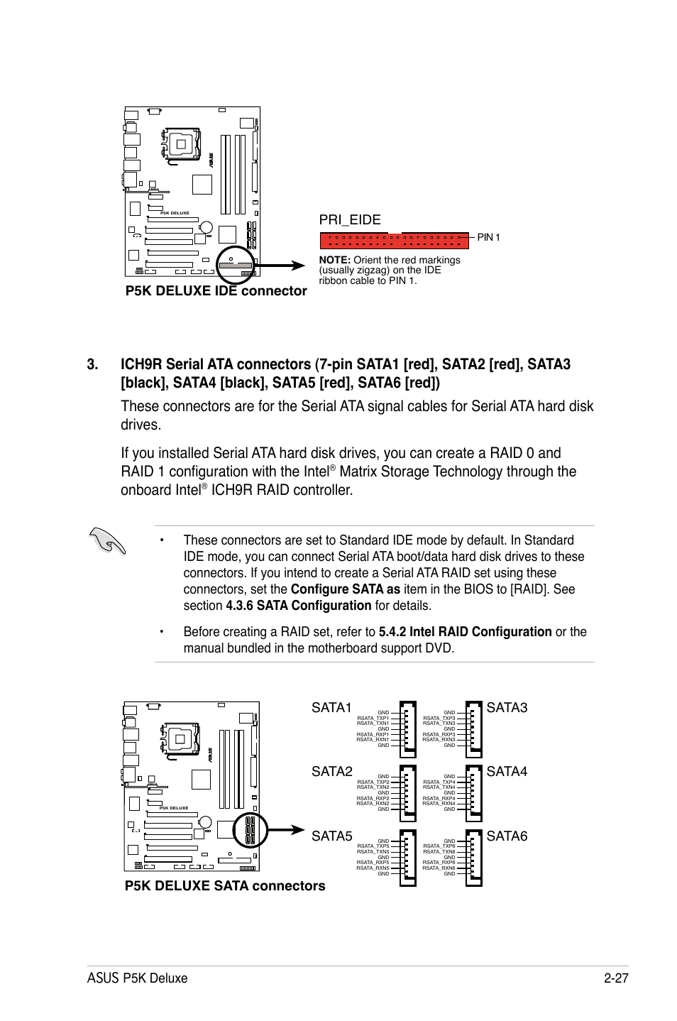 Ich9r raid controller, Asus p5k deluxe 2-27, P5k deluxe ide connector | Pri_eide, P5k deluxe sata connectors, Sata1, Sata3, Sata2, Sata4, Sata5 | Asus P5K Deluxe/WiFi-AP User Manual | Page 53 / 172
