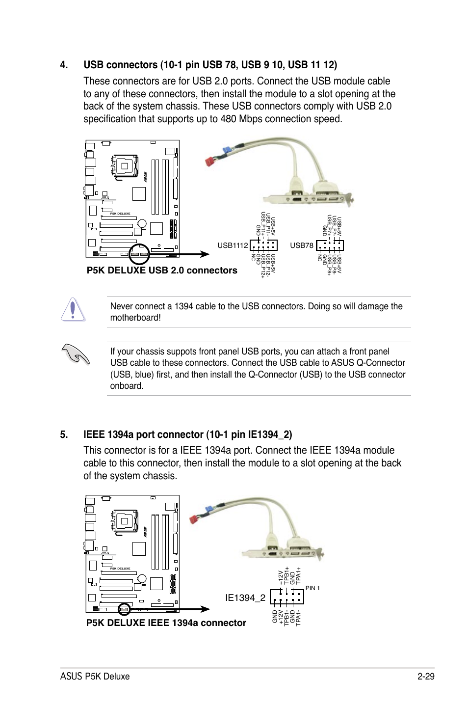 Asus p5k deluxe 2-29, P5k deluxe usb 2.0 connectors | Asus P5K Deluxe/WiFi-AP User Manual | Page 55 / 172