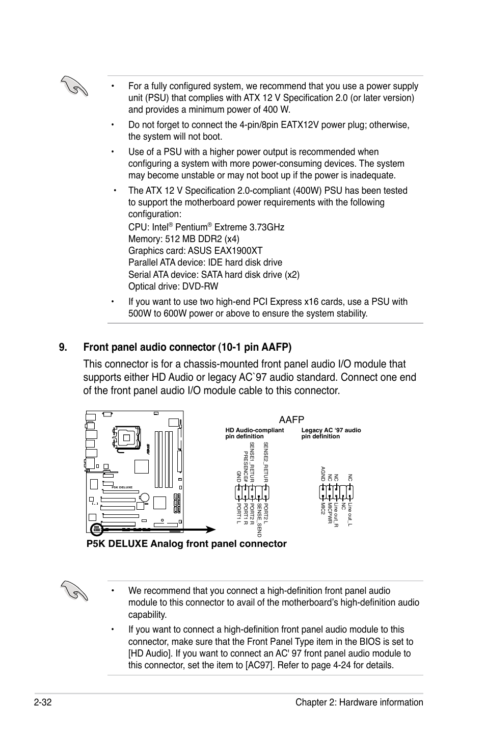 Pentium, P5k deluxe analog front panel connector aafp | Asus P5K Deluxe/WiFi-AP User Manual | Page 58 / 172