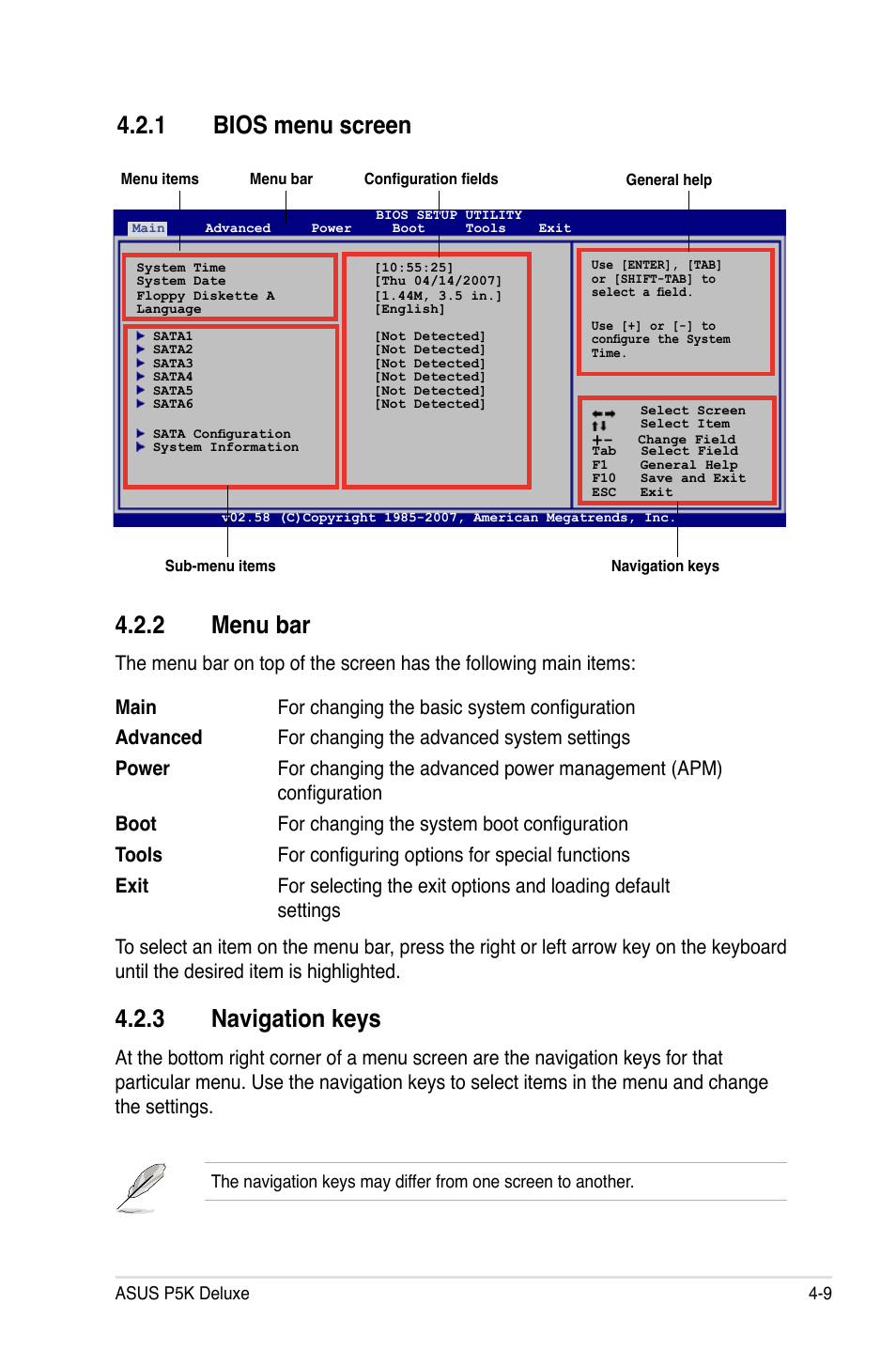 2 menu bar, 3 navigation keys, 1 bios menu screen | Asus P5K Deluxe/WiFi-AP User Manual | Page 77 / 172