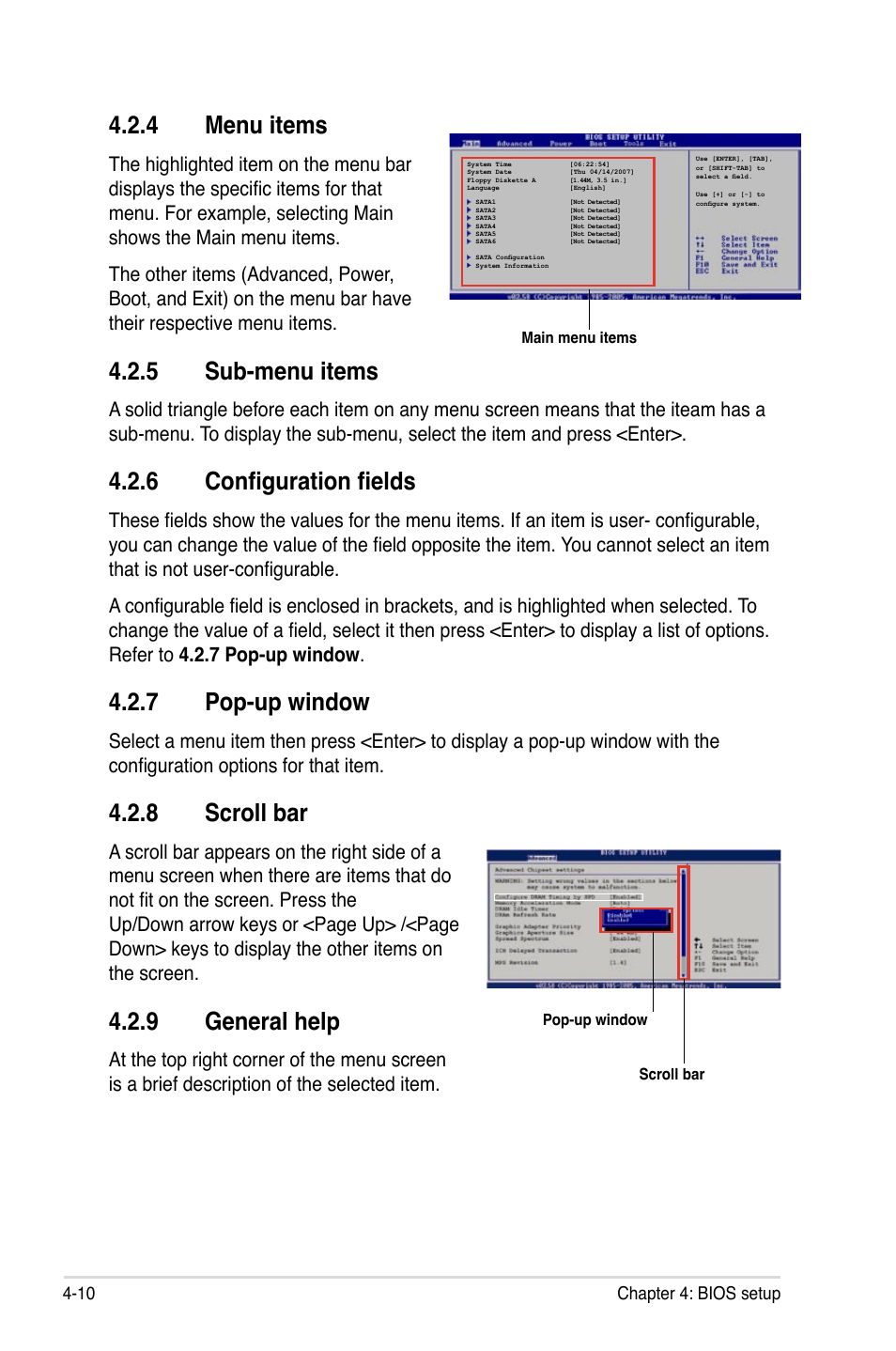 4 menu items, 5 sub-menu items, 6 configuration fields | 7 pop-up window, 8 scroll bar, 9 general help | Asus P5K Deluxe/WiFi-AP User Manual | Page 78 / 172