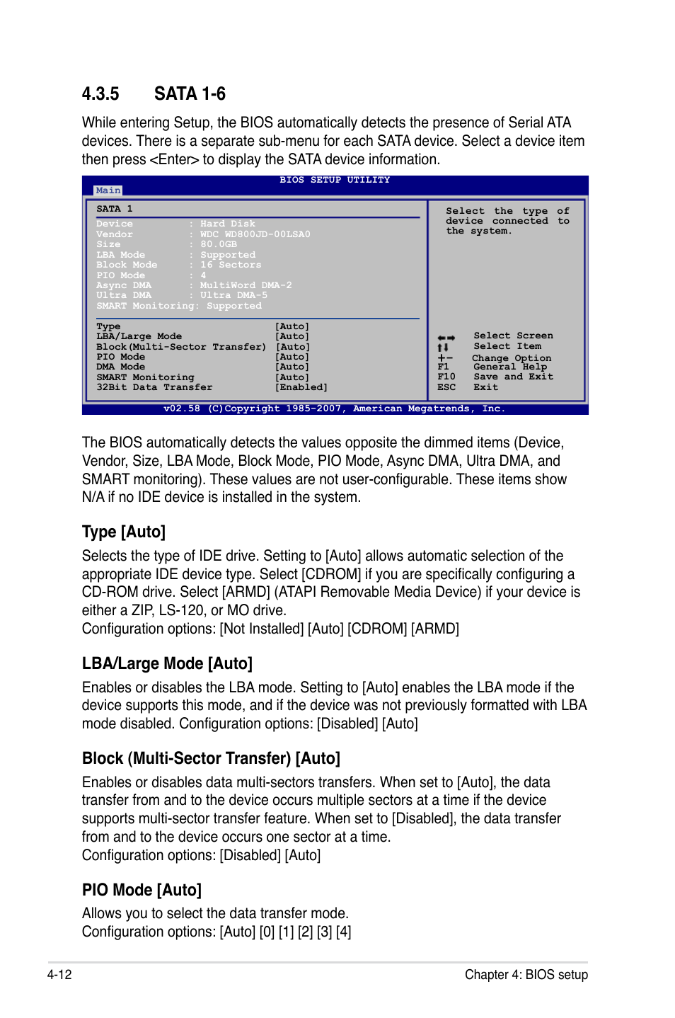 5 sata 1-6, Type [auto, Lba/large mode [auto | Block (multi-sector transfer) [auto, Pio mode [auto | Asus P5K Deluxe/WiFi-AP User Manual | Page 80 / 172