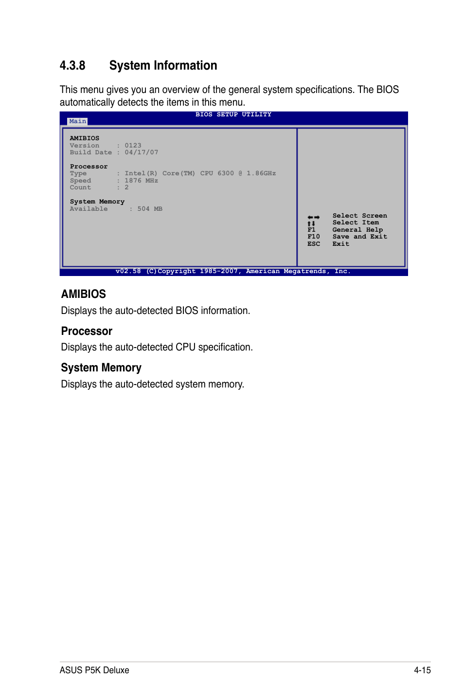 8 system information, Amibios, Processor | Displays the auto-detected bios information, Displays the auto-detected cpu specification | Asus P5K Deluxe/WiFi-AP User Manual | Page 83 / 172