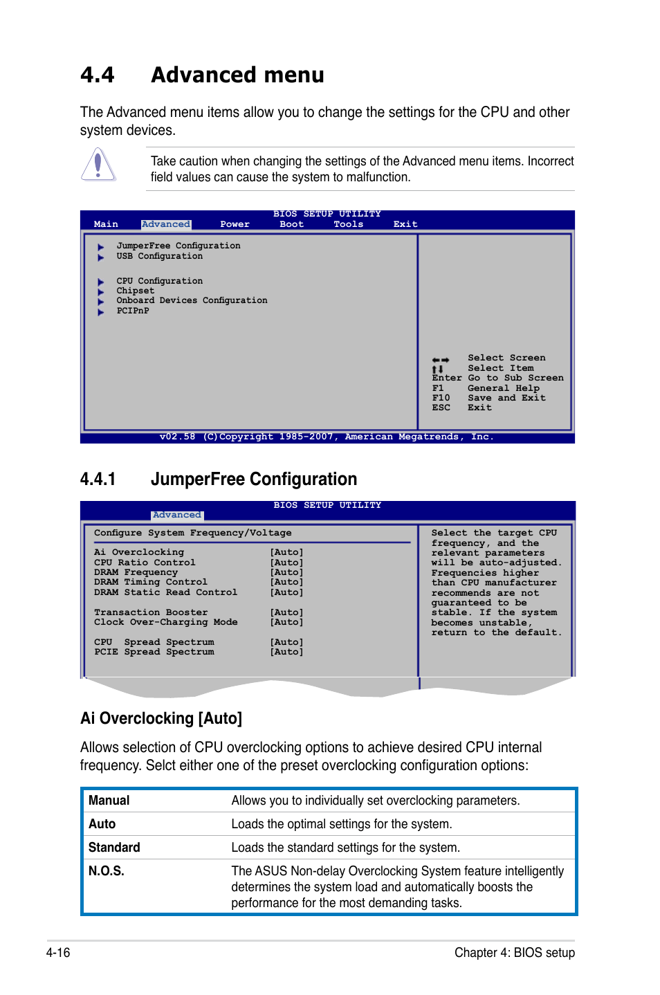 4 advanced menu, 1 jumperfree configuration, Ai overclocking [auto | Asus P5K Deluxe/WiFi-AP User Manual | Page 84 / 172