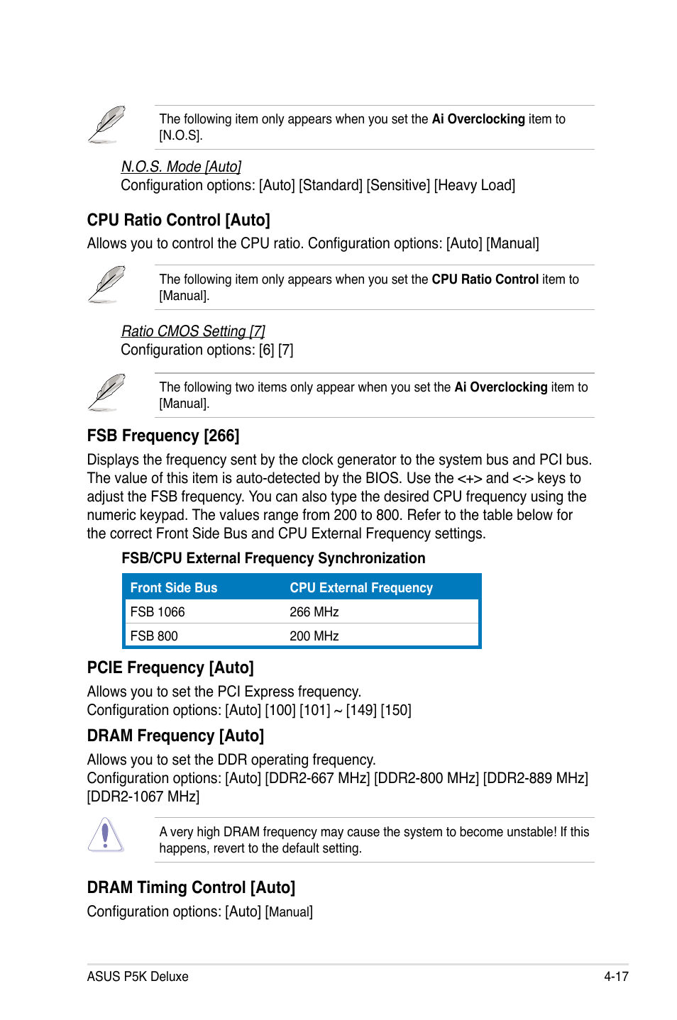 Fsb frequency [266, Dram frequency [auto, Cpu ratio control [auto | Pcie frequency [auto, Dram timing control [auto | Asus P5K Deluxe/WiFi-AP User Manual | Page 85 / 172