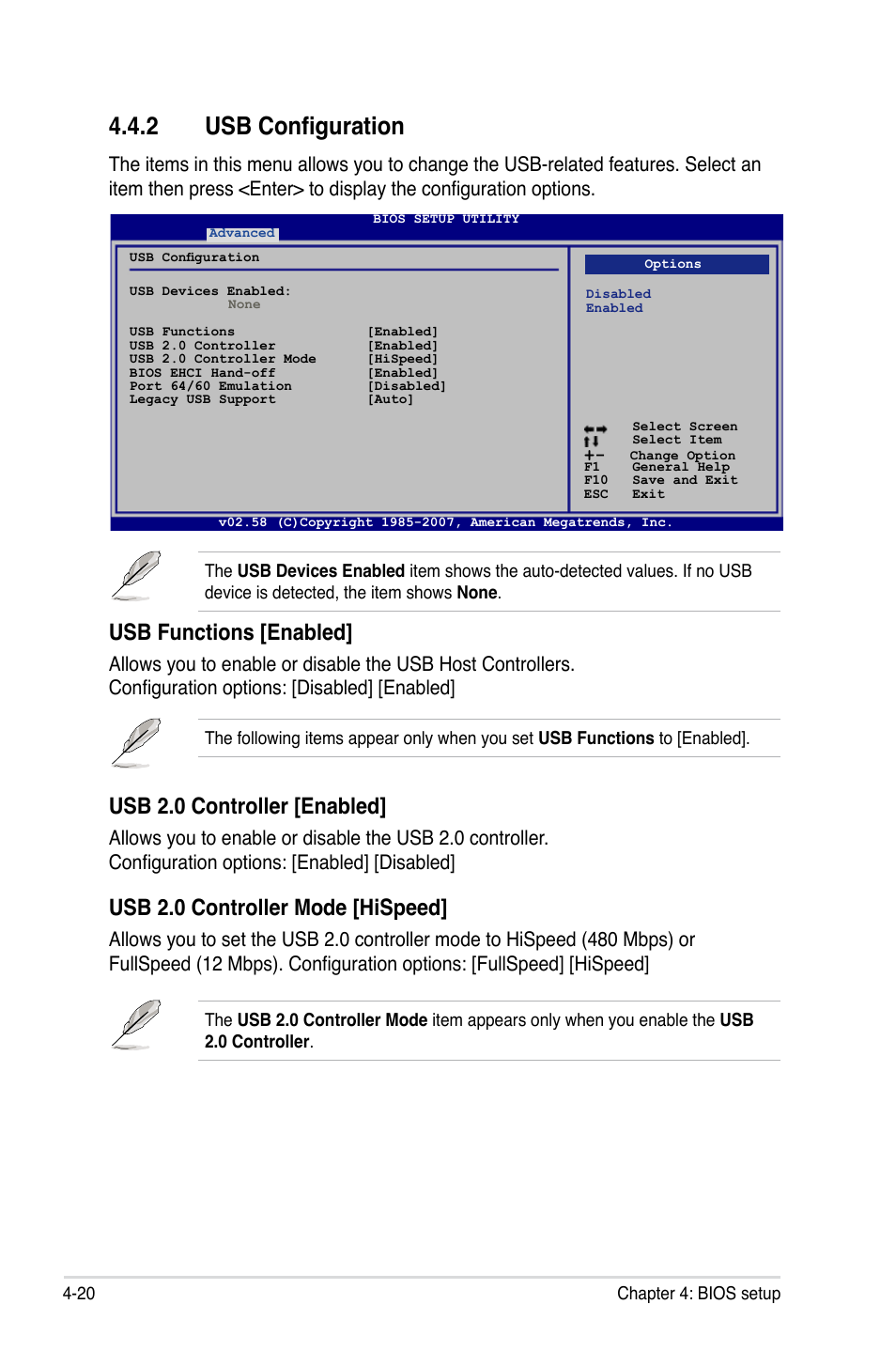 2 usb configuration, Usb 2.0 controller [enabled, Usb 2.0 controller mode [hispeed | Usb functions [enabled | Asus P5K Deluxe/WiFi-AP User Manual | Page 88 / 172