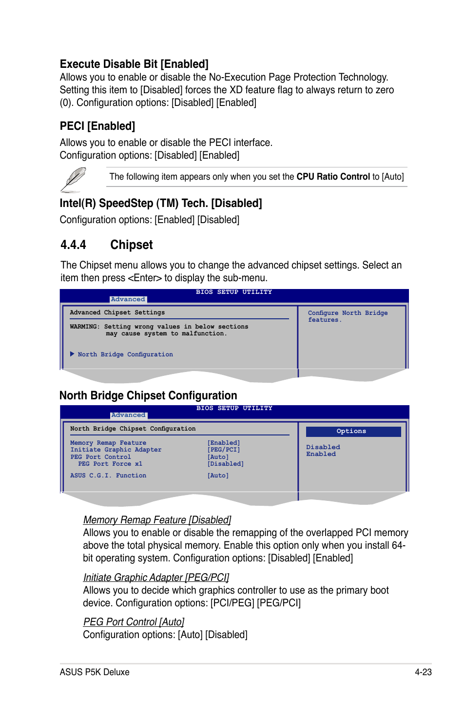 4 chipset, North bridge chipset configuration, Execute disable bit [enabled | Peci [enabled, Intel(r) speedstep (tm) tech. [disabled, Configuration options: [enabled] [disabled | Asus P5K Deluxe/WiFi-AP User Manual | Page 91 / 172