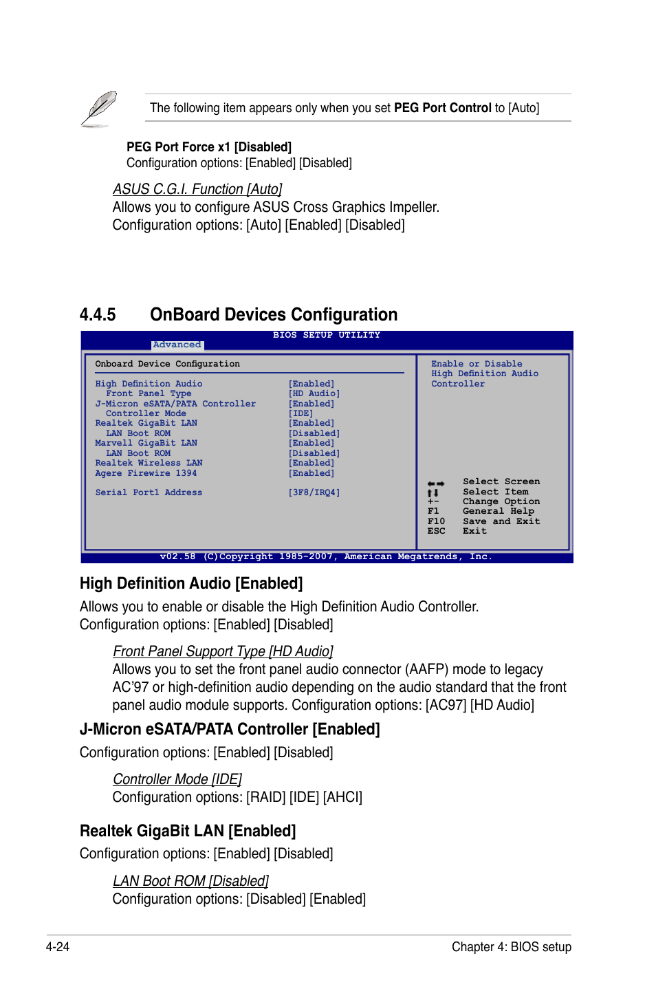 5 onboard devices configuration, High definition audio [enabled, J-micron esata/pata controller [enabled | Realtek gigabit lan [enabled | Asus P5K Deluxe/WiFi-AP User Manual | Page 92 / 172