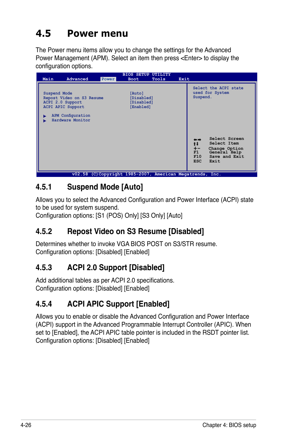 5 power menu, 1 suspend mode [auto, 2 repost video on s3 resume [disabled | 3 acpi 2.0 support [disabled, 4 acpi apic support [enabled | Asus P5K Deluxe/WiFi-AP User Manual | Page 94 / 172