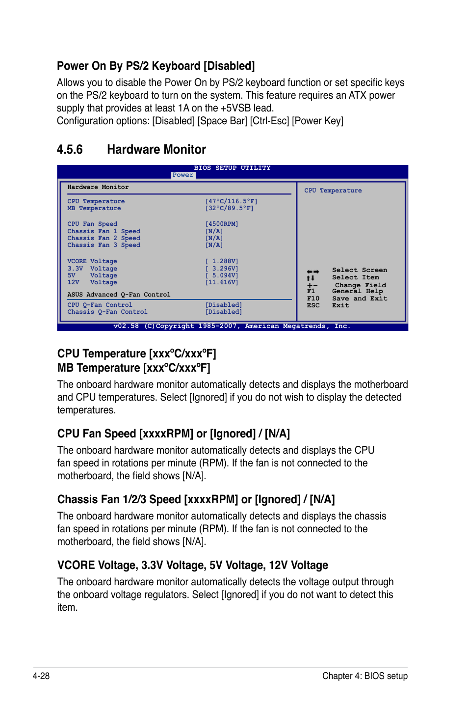 6 hardware monitor, Power on by ps/2 keyboard [disabled | Asus P5K Deluxe/WiFi-AP User Manual | Page 96 / 172