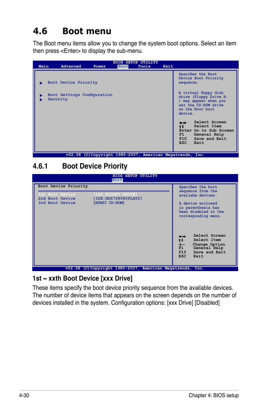 6 boot menu, 1 boot device priority, 1st ~ xxth boot device [xxx drive | Asus P5K Deluxe/WiFi-AP User Manual | Page 98 / 172