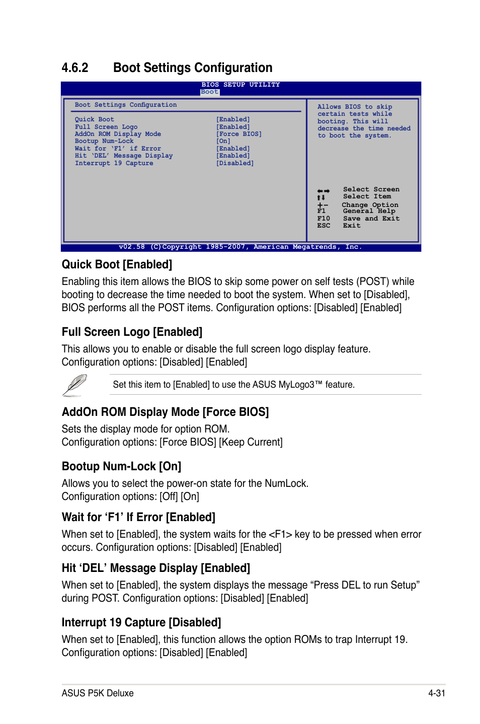 2 boot settings configuration, Quick boot [enabled, Full screen logo [enabled | Addon rom display mode [force bios, Bootup num-lock [on, Wait for ‘f1’ if error [enabled, Hit ‘del’ message display [enabled, Interrupt 19 capture [disabled | Asus P5K Deluxe/WiFi-AP User Manual | Page 99 / 172