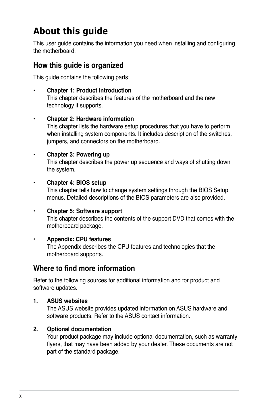 About this guide, How this guide is organized, Where to find more information | Asus P5Q SE/R User Manual | Page 10 / 162
