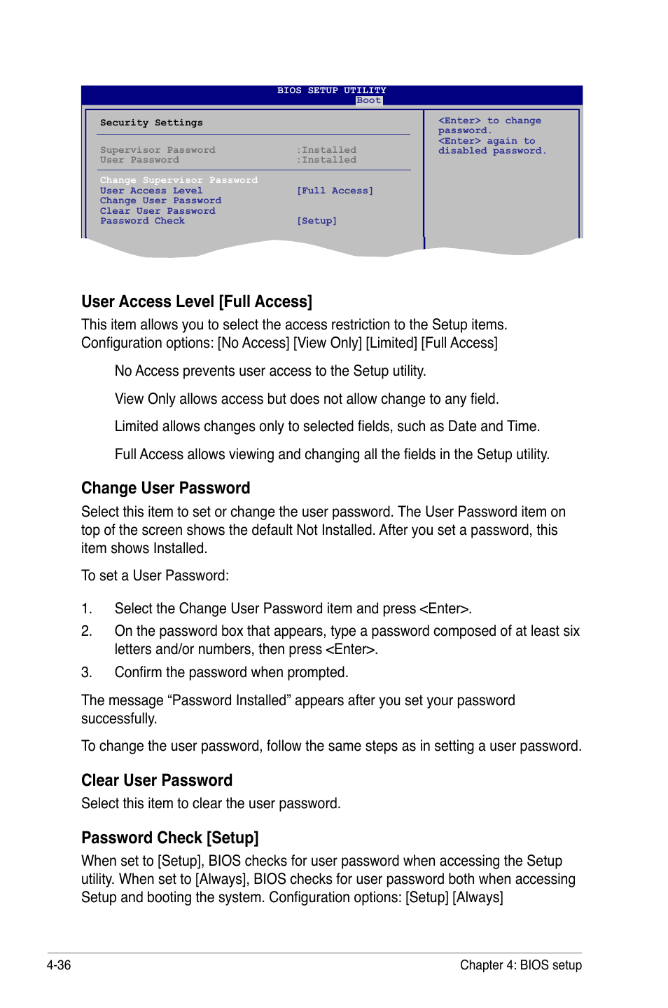 User access level [full access, Change user password, Clear user password | Password check [setup | Asus P5Q SE/R User Manual | Page 100 / 162