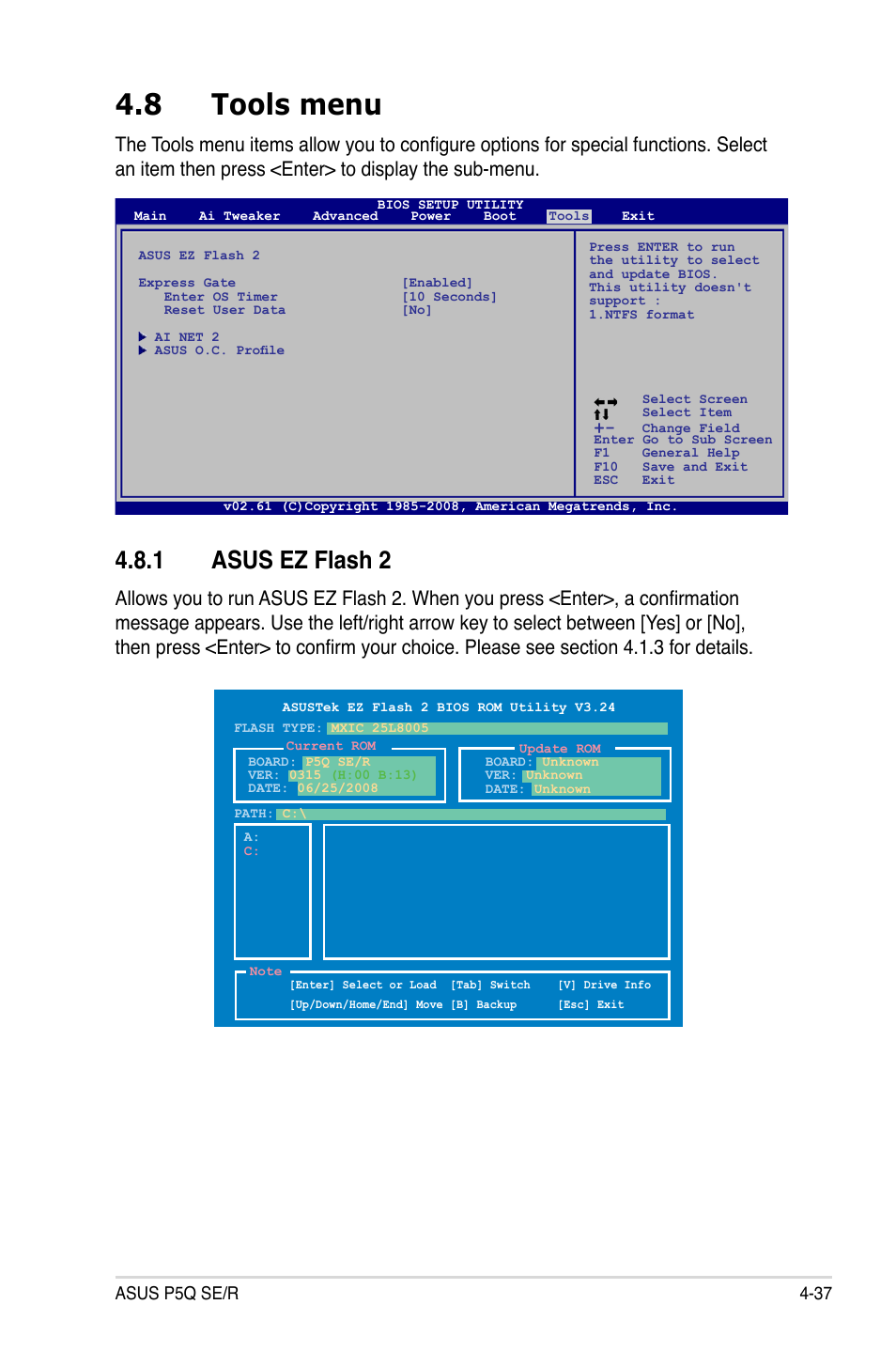 8 tools menu, 1 asus ez flash 2 | Asus P5Q SE/R User Manual | Page 101 / 162