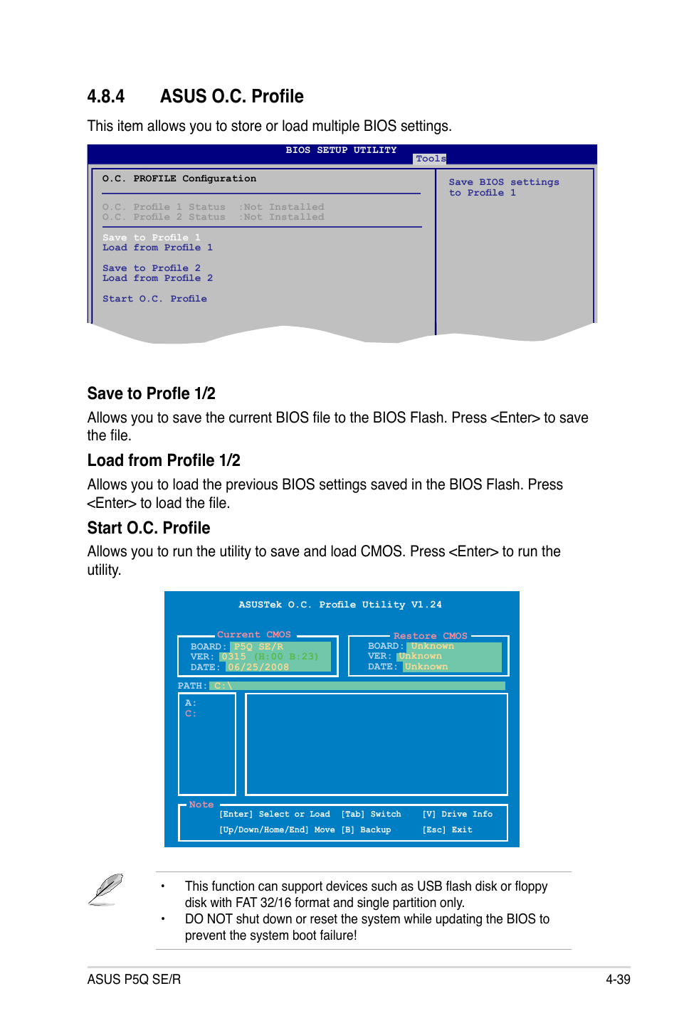 4 asus o.c. profile, Save to profle 1/2, Load from profile 1/2 | Start o.c. profile | Asus P5Q SE/R User Manual | Page 103 / 162