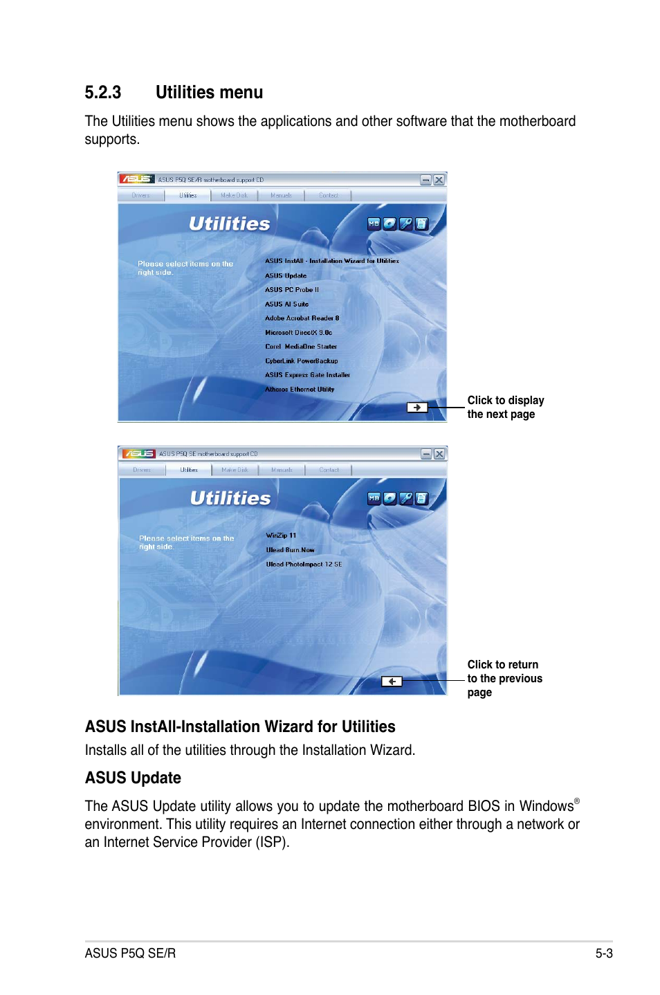 3 utilities menu, Asus install-installation wizard for utilities, Asus update | Asus P5Q SE/R User Manual | Page 109 / 162
