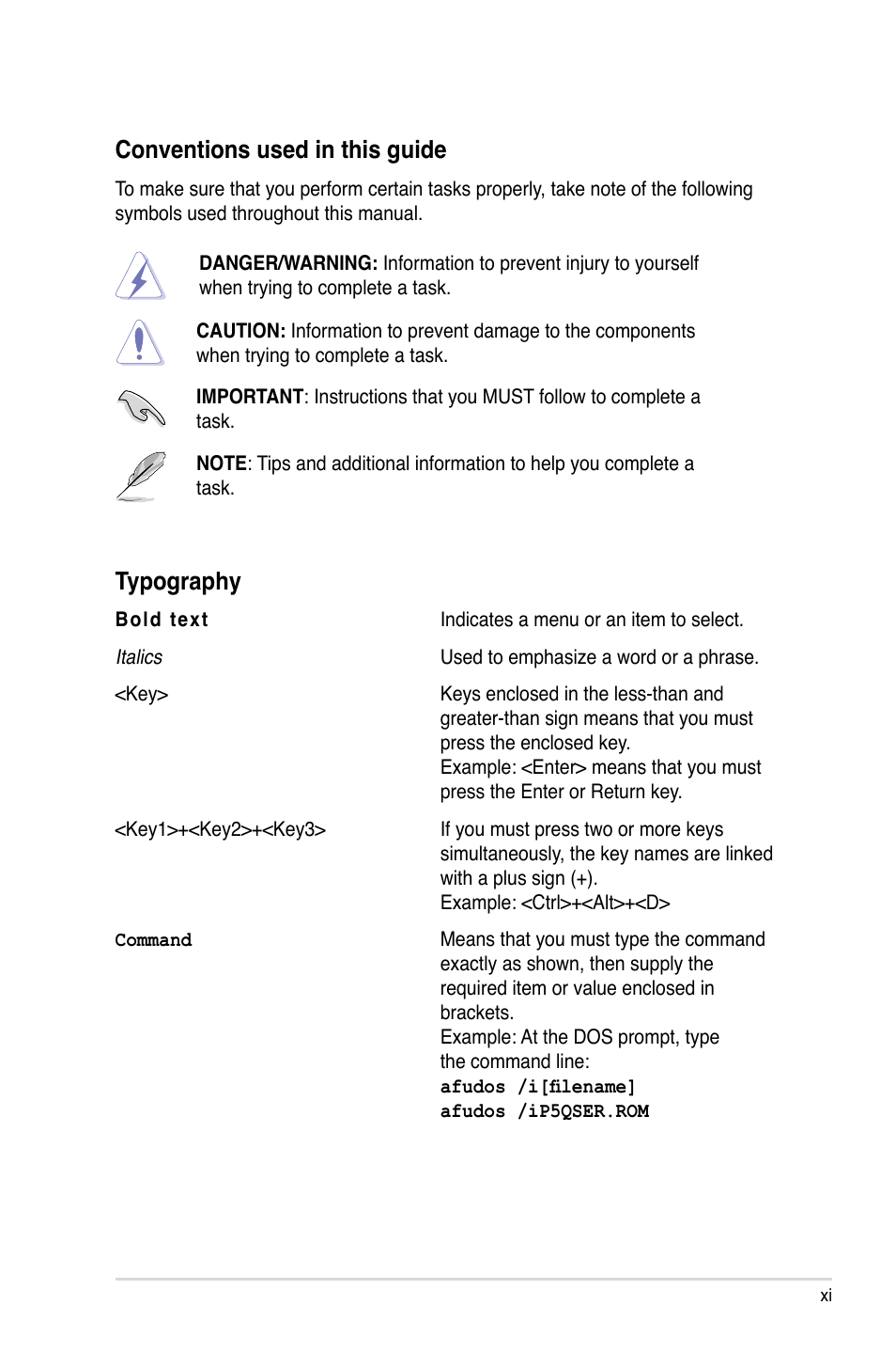 Conventions used in this guide, Typography | Asus P5Q SE/R User Manual | Page 11 / 162