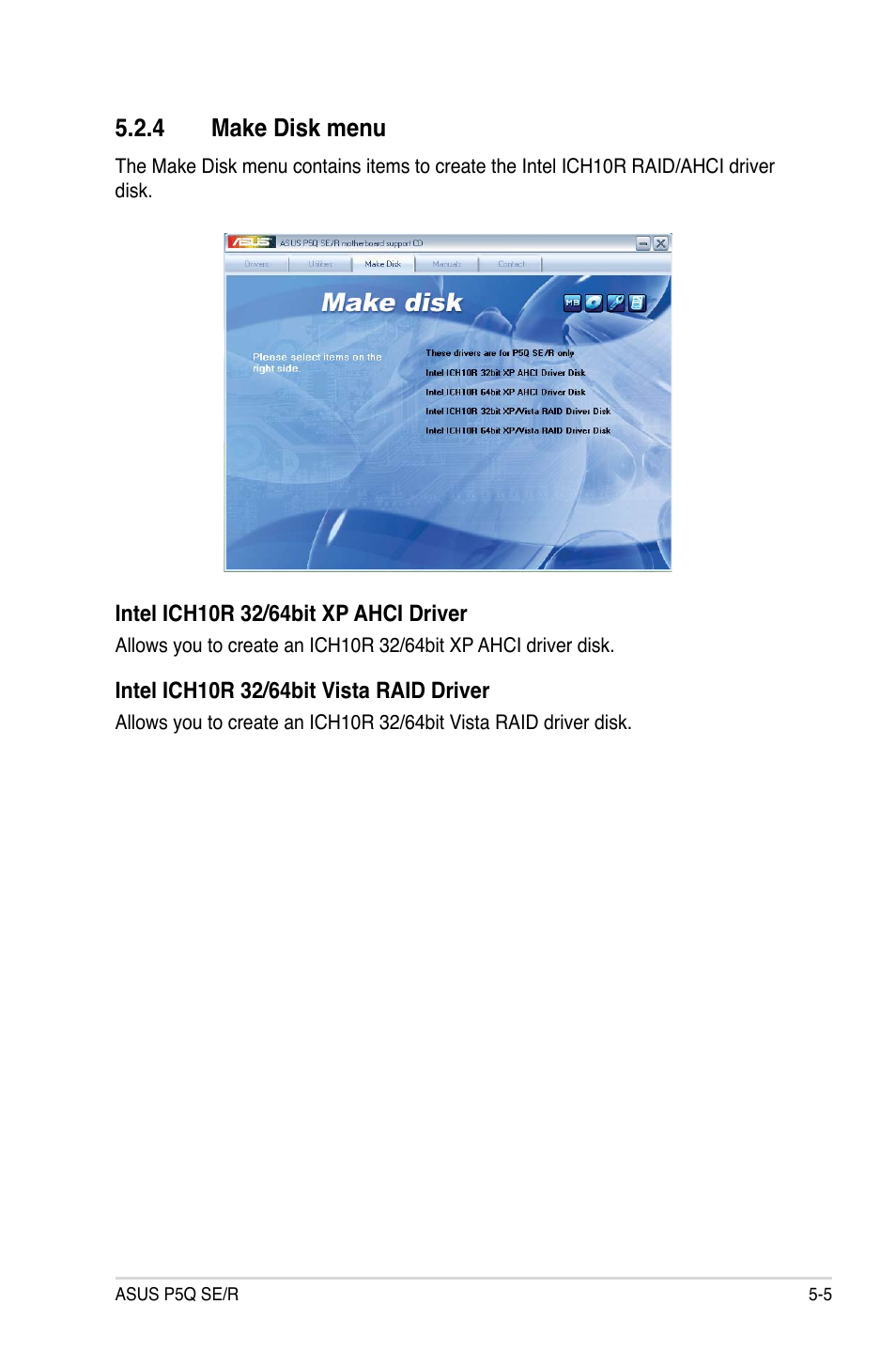 4 make disk menu, Make disk menu -5 | Asus P5Q SE/R User Manual | Page 111 / 162